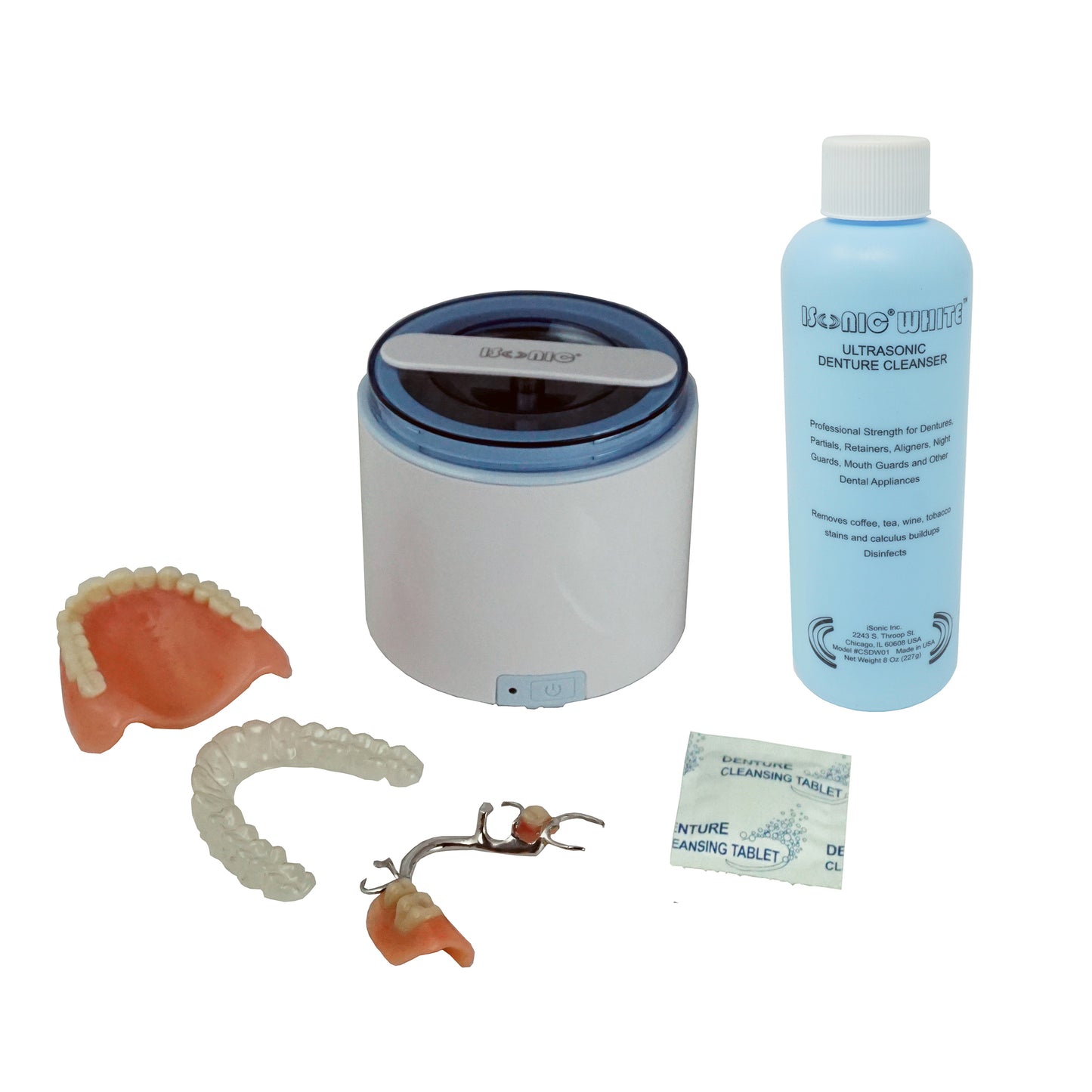 DS180+CSDW01 | iSonic® Portable Ultrasonic Retainer/Denture Cleaner with Denture/Retainer/Appliance Cleaning Crystal CSDW01, 8OZ
