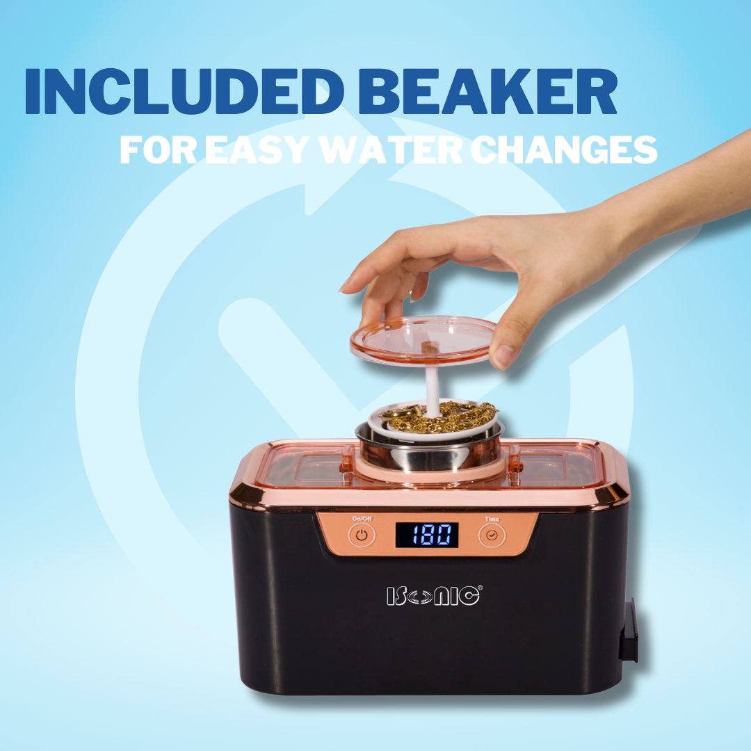 DS310-BR | iSonic® Miniaturized Commercial Ultrasonic Cleaner, black and rose gold colors, with integrated ss. beaker