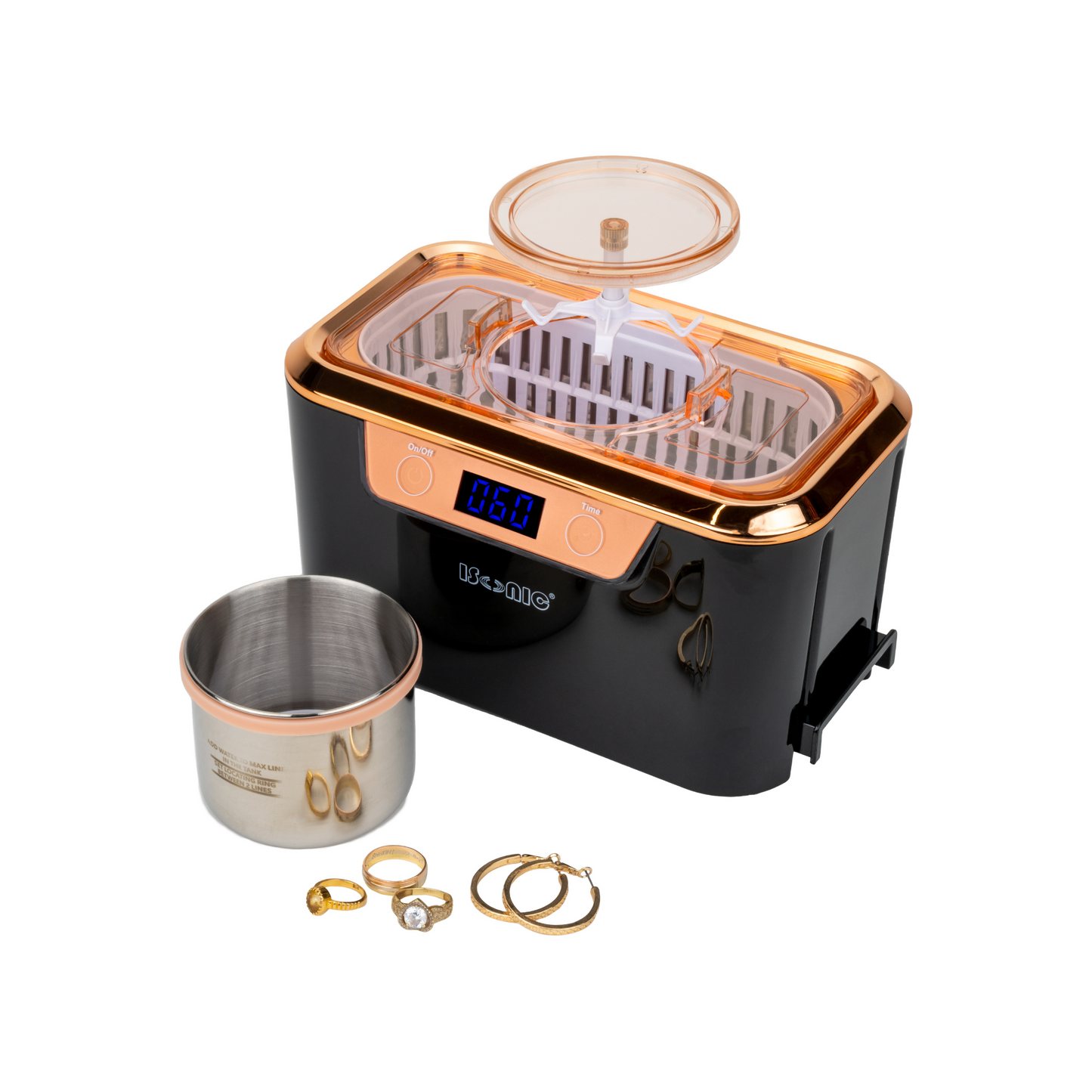DS310-BR | iSonic® Miniaturized Commercial Ultrasonic Cleaner, black and rose gold colors, with integrated ss. beaker