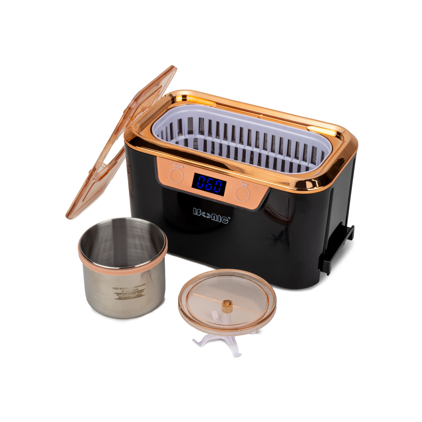 DS310-BR | iSonic® Miniaturized Commercial Ultrasonic Cleaner, black and rose gold colors, with integrated ss. beaker