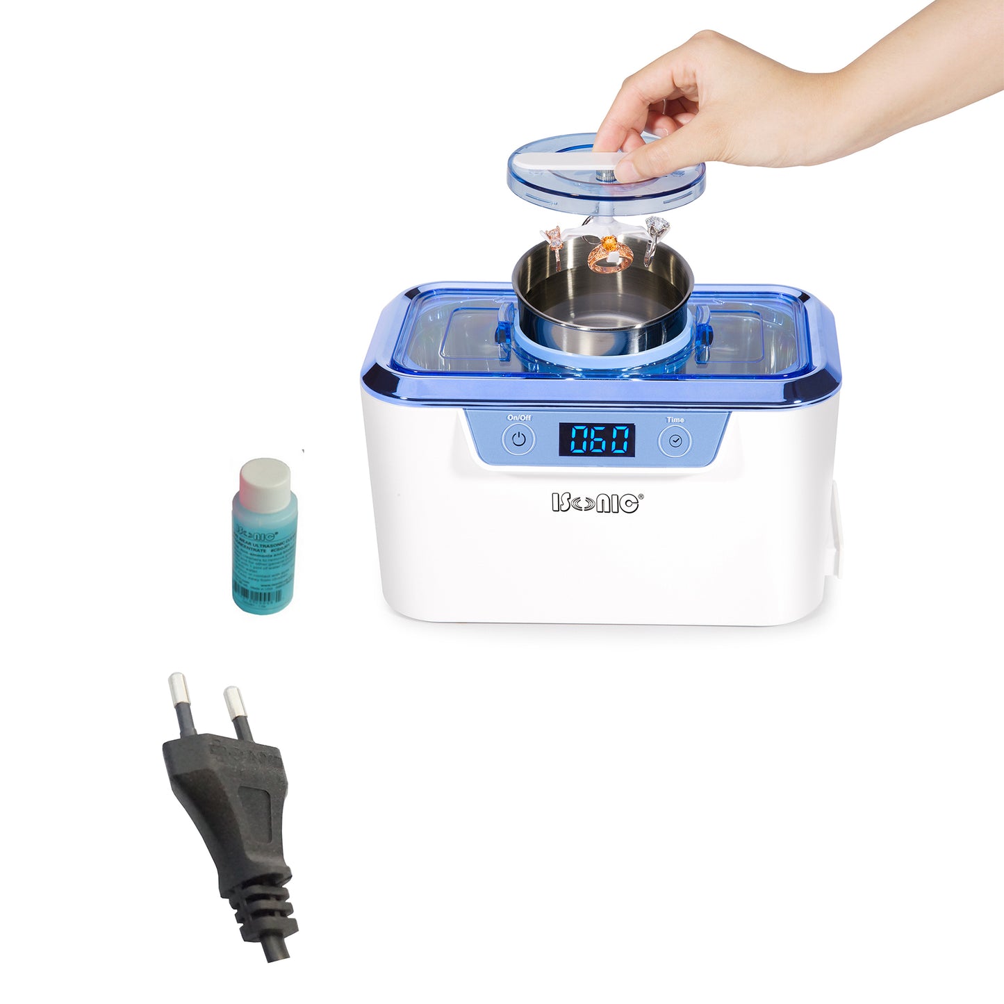 DS310-WS | iSonic® Miniaturized Commercial Ultrasonic Cleaner, white and sapphire blue colors