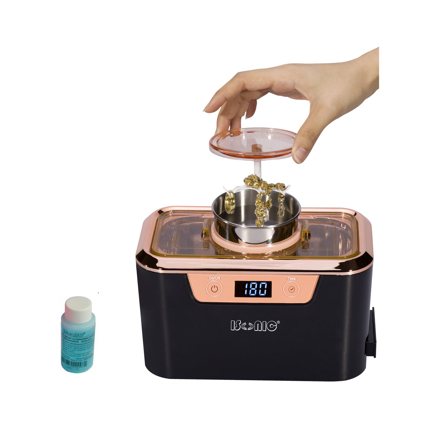 BHK310A | iSonic® Stainless Steel Beaker Holder/Lid Set with Jewelry Hanger and Plastic Strainer, choice of pink or blue color for DS310-BR or DS310-WS