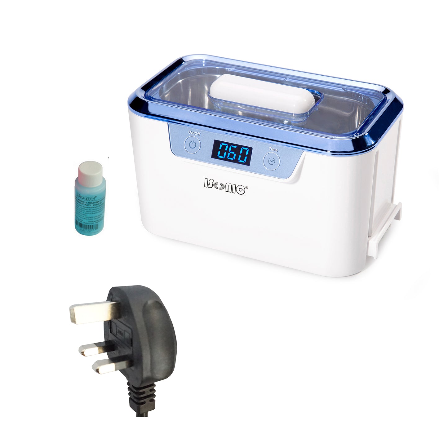 DS310B-WS | iSonic® Miniaturized Commercial Ultrasonic Cleaner, white and sapphire blue colors, for eyeglasses, ophthalmology instruments, jewelry