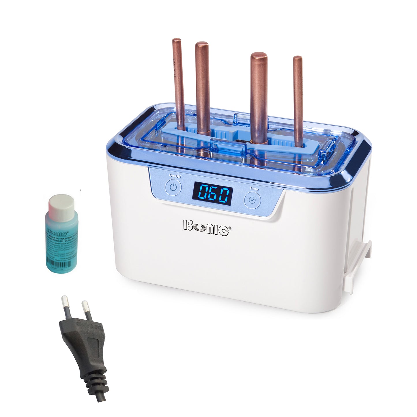 DS310C-WS | iSonic® Miniaturized Commercial Ultrasonic Cleaner, white and sapphire blue colors, for makeup brushes, jewelry, eyeglasses