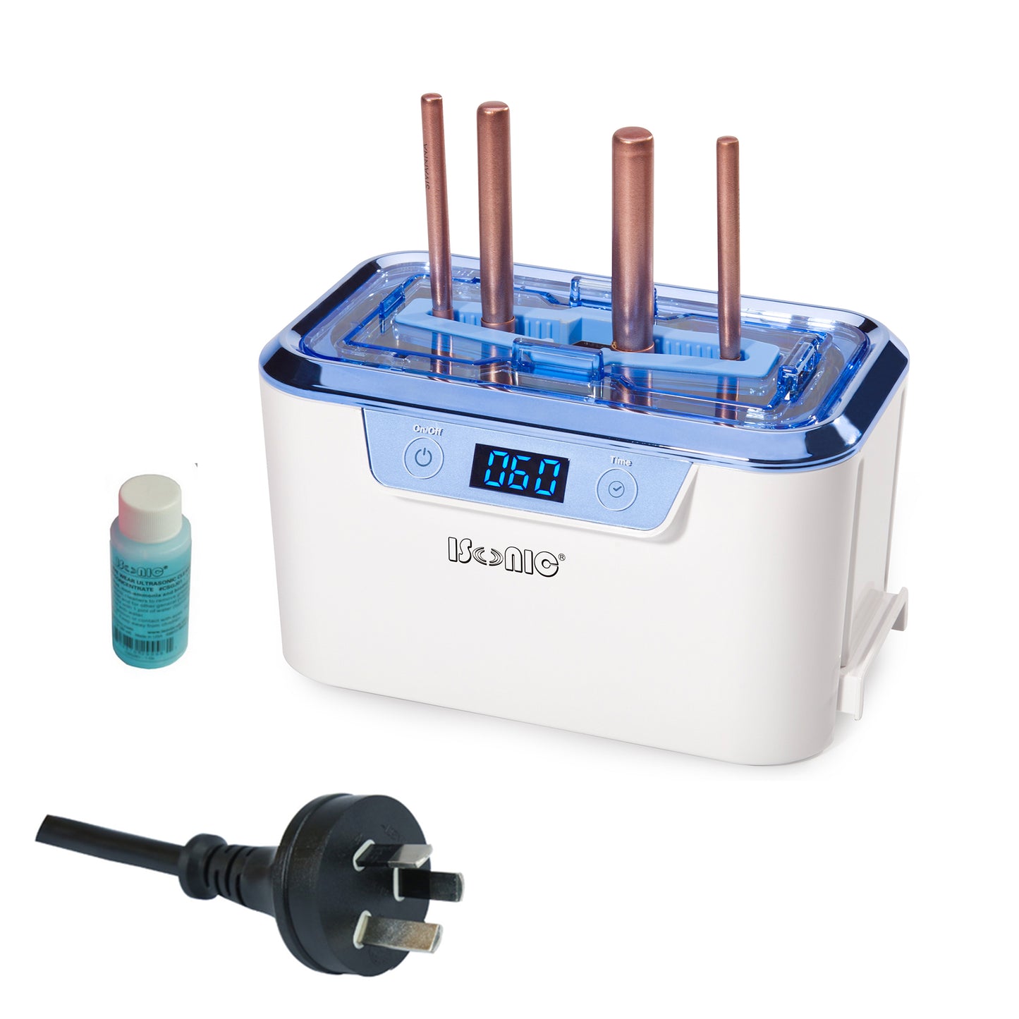 DS310C-WS | iSonic® Miniaturized Commercial Ultrasonic Cleaner, white and sapphire blue colors, for makeup brushes, jewelry, eyeglasses