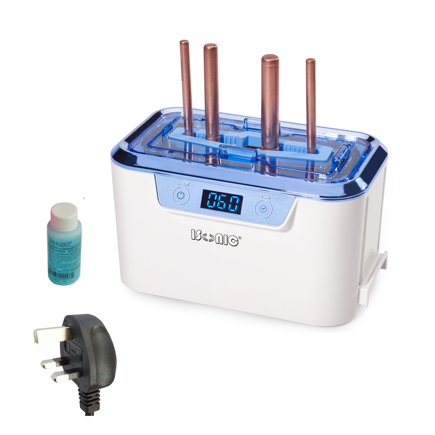 DS310C-WS | iSonic® Miniaturized Commercial Ultrasonic Cleaner, white and sapphire blue colors, for makeup brushes, jewelry, eyeglasses