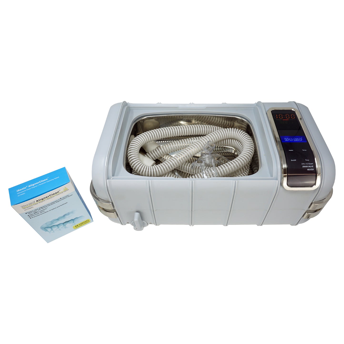 P4831-CPAP (medium) | iSonic® Ultrasonic CPAP/BiPAP Cleaner, 0.8Gal/3L, with a stainless steel weight bracket, a box of cleaning tablet, plastic basket, heater, drain