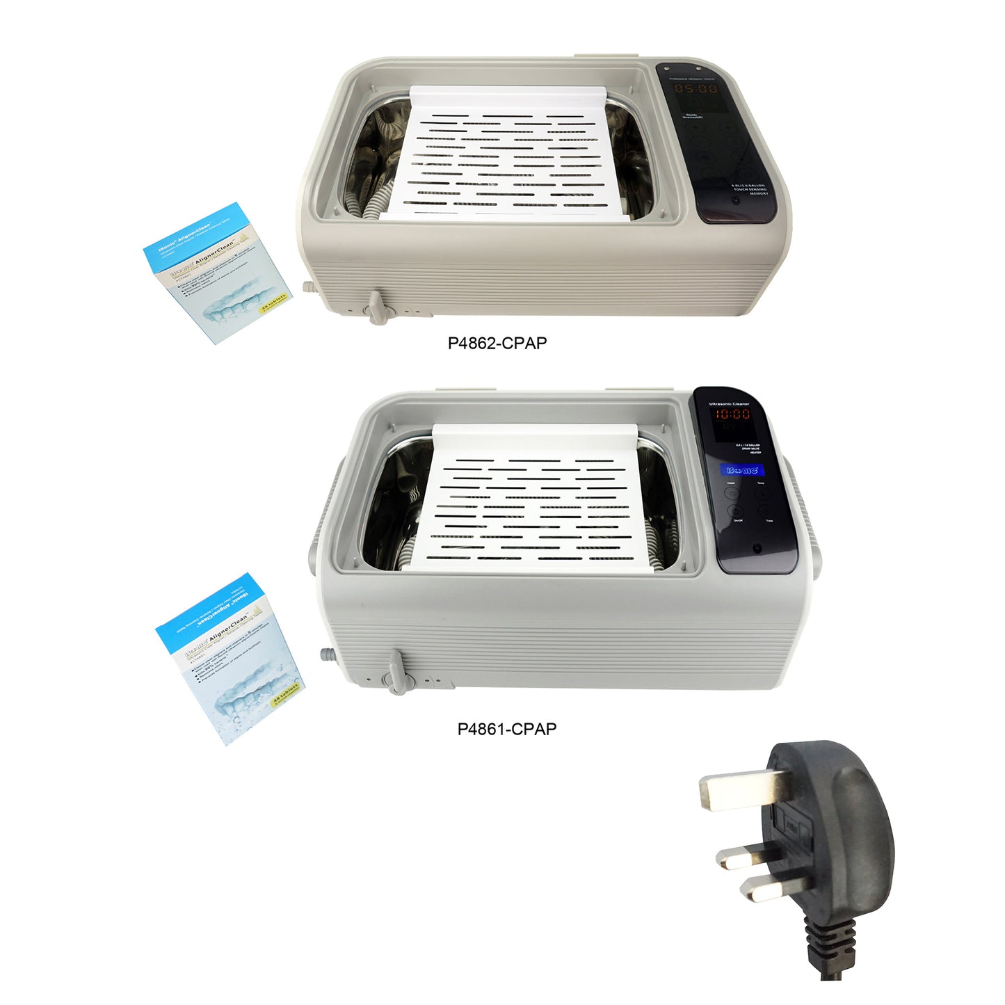 P4862-CPAP (large) | iSonic® Ultrasonic CPAP/BiPAP Cleaner, 1.6Gal/6L, with a stainless steel weight bracket, a box of cleaning tablets, heater, drain