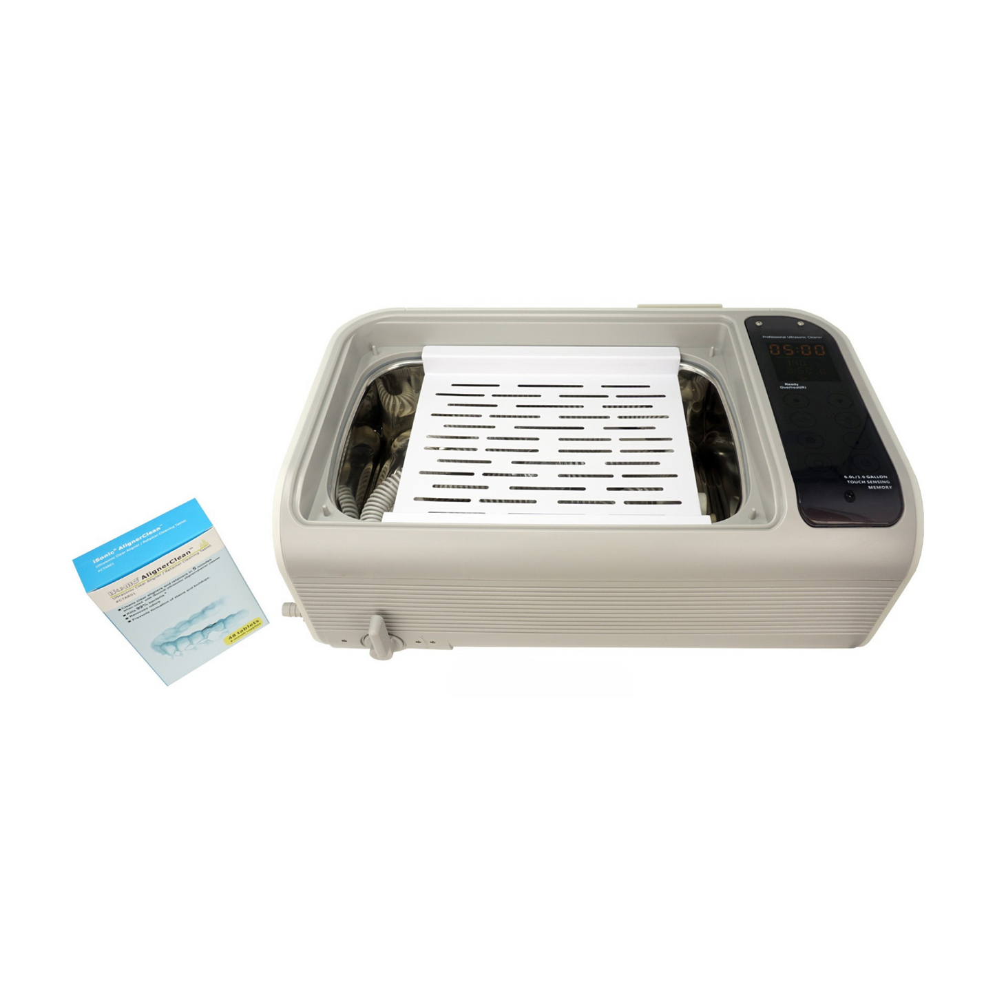 P4862-CPAP (large) | iSonic® Ultrasonic CPAP/BiPAP Cleaner, 1.6Gal/6L, with a stainless steel weight bracket, a box of cleaning tablets, heater, drain