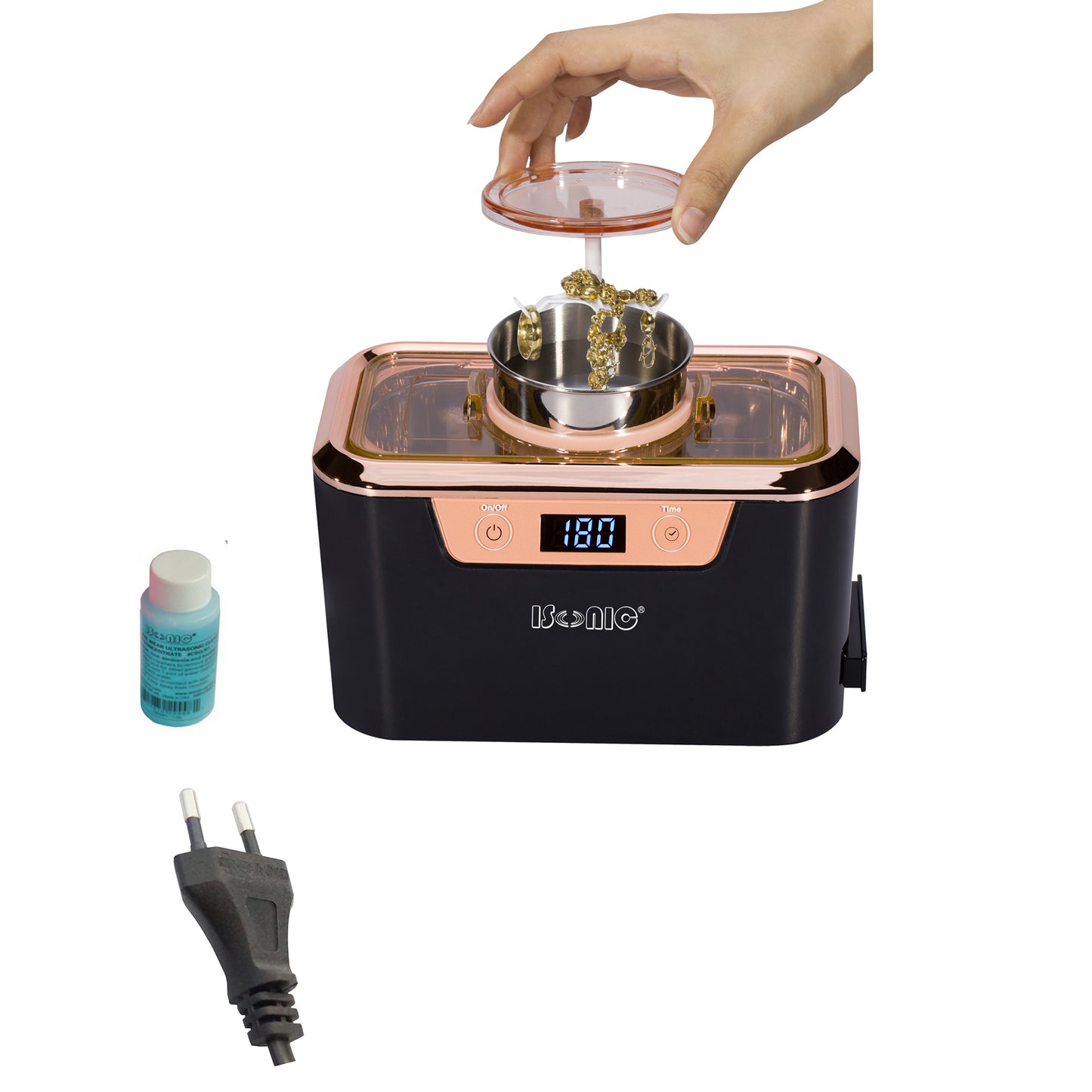 DS310-BR | iSonic® Miniaturized Commercial Ultrasonic Cleaner, black and rose gold colors, with integrated ss. beaker