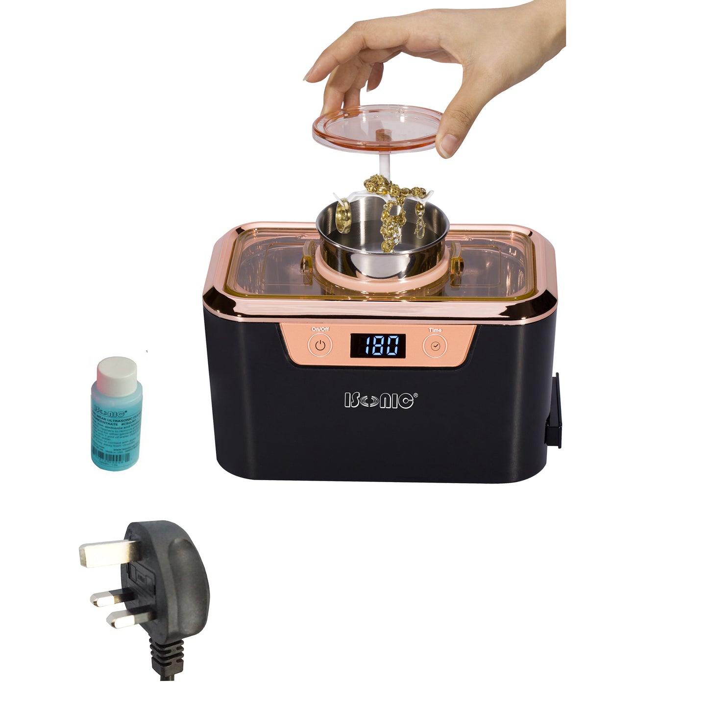 DS310-BR | iSonic® Miniaturized Commercial Ultrasonic Cleaner, black and rose gold colors, with integrated ss. beaker