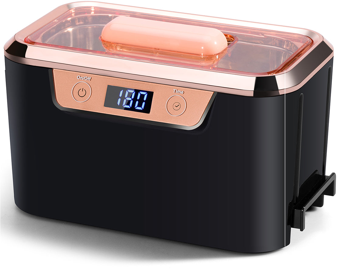 DS310B-BR | iSonic® Miniaturized Commercial Ultrasonic Cleaner, black and rose gold colors, with a flat lid