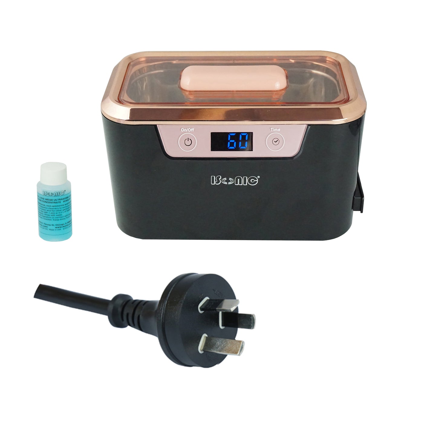 DS310B-BR | iSonic® Miniaturized Commercial Ultrasonic Cleaner, black and rose gold colors, with a flat lid