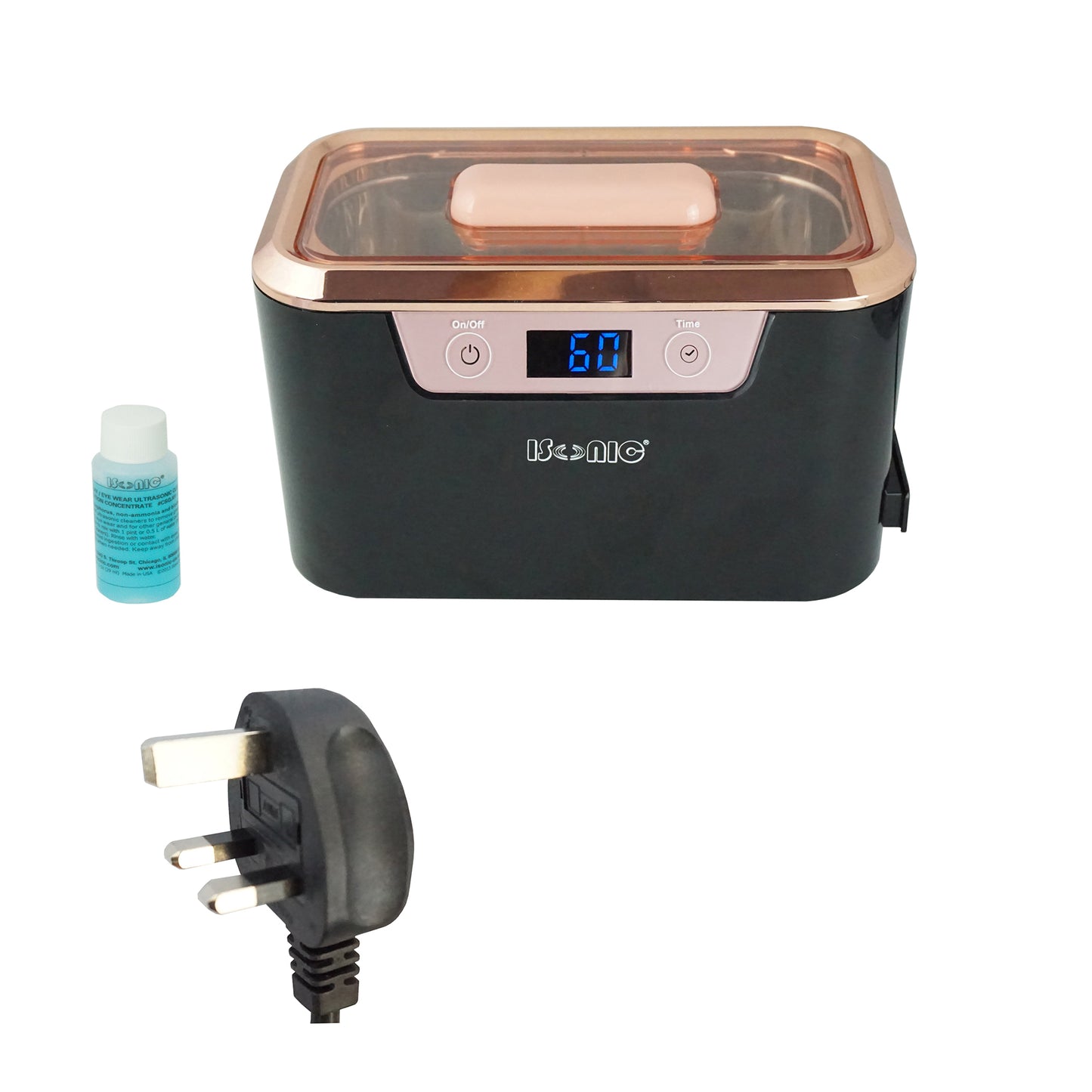 DS310B-BR | iSonic® Miniaturized Commercial Ultrasonic Cleaner, black and rose gold colors, with a flat lid