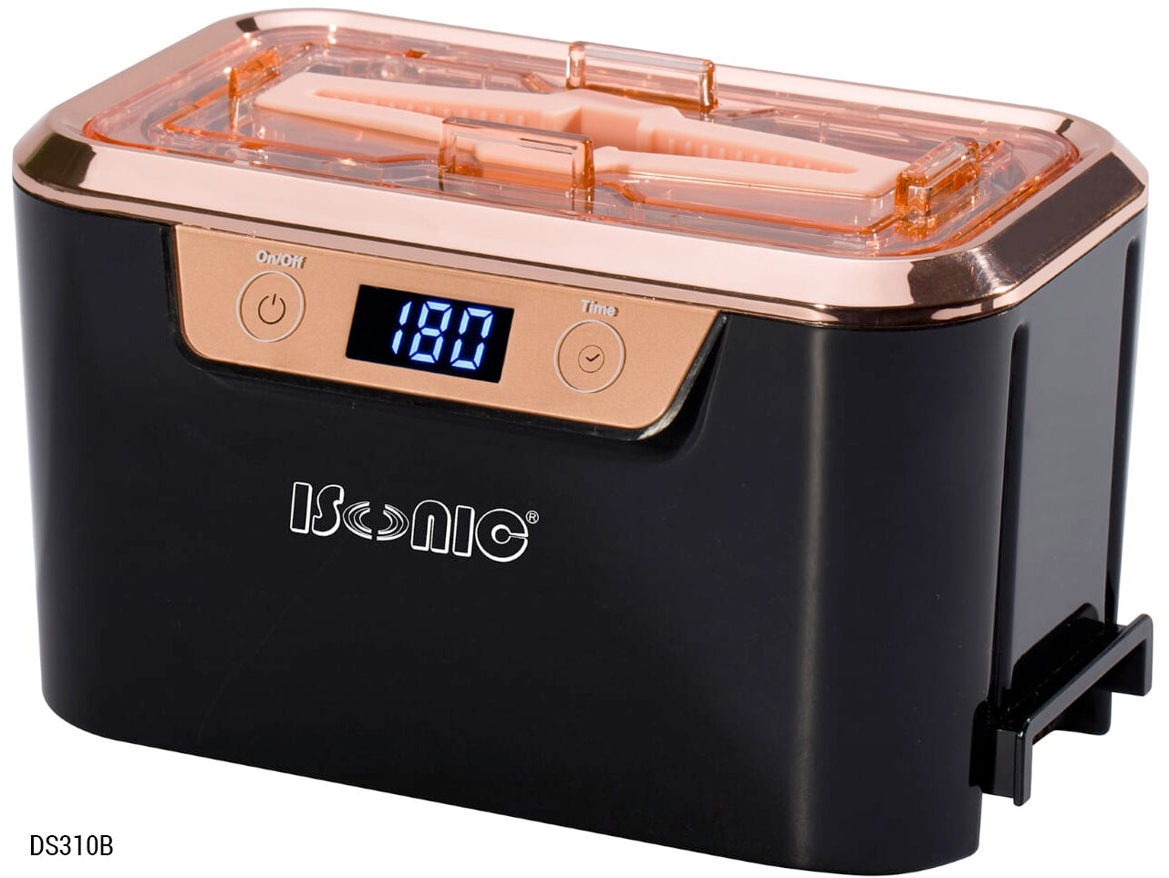 DS310C-BR | iSonic® Miniaturized Commercial Ultrasonic Cleaner with a makeup brush holder, black and rose gold colors. Promotional Price!