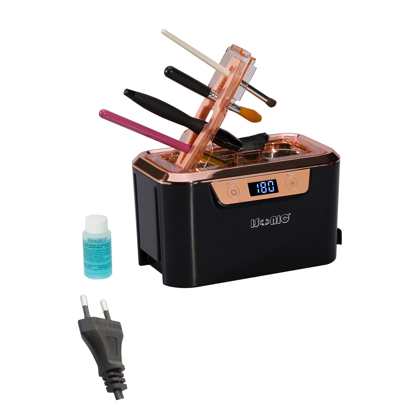 DS310C-BR | iSonic® Miniaturized Commercial Ultrasonic Cleaner with a makeup brush holder, black and rose gold colors. Promotional Price!