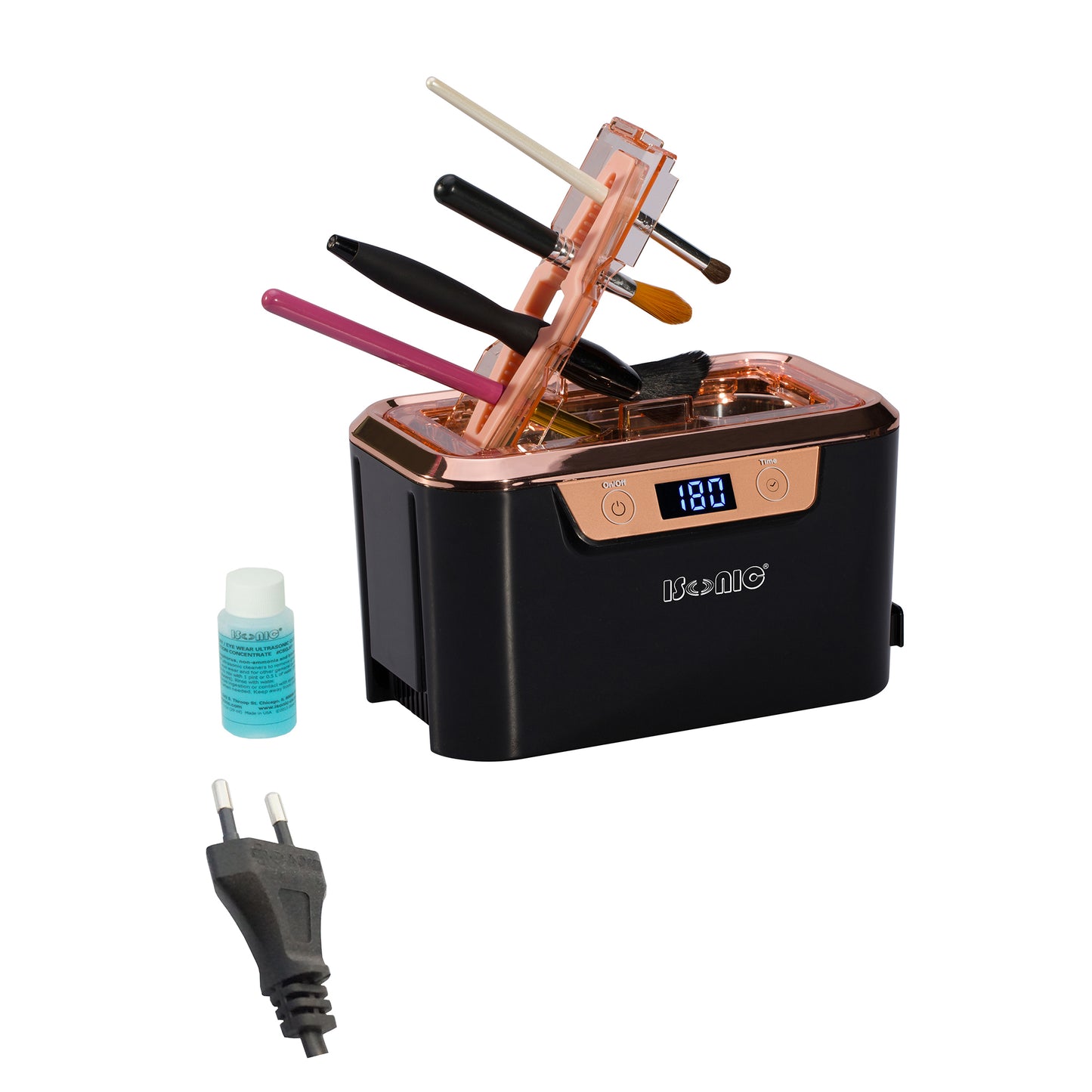 DS310C-BR | iSonic® Miniaturized Commercial Ultrasonic Cleaner with a makeup brush holder, black and rose gold colors