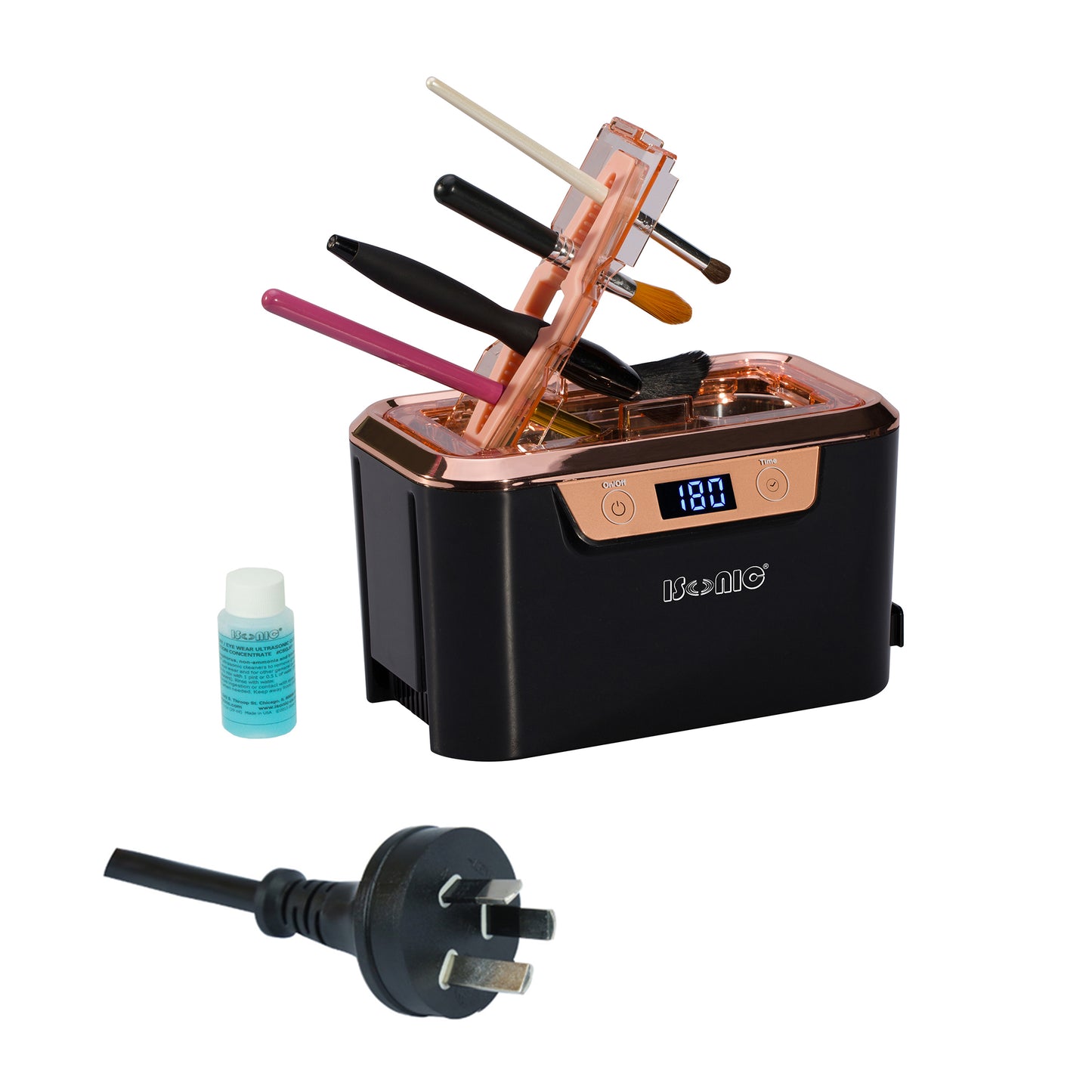 DS310C-BR | iSonic® Miniaturized Commercial Ultrasonic Cleaner with a makeup brush holder, black and rose gold colors. Promotional Price!