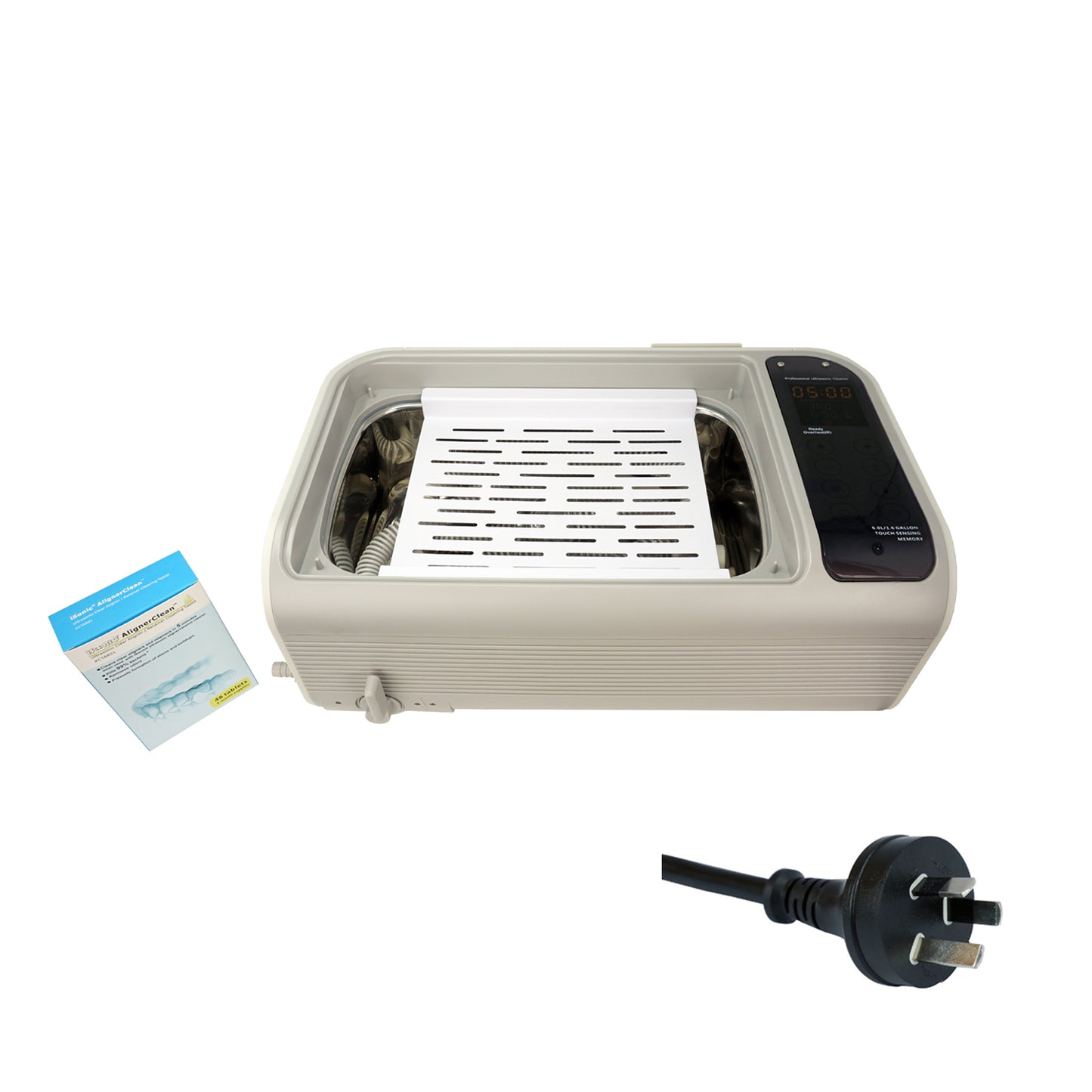 P4861-CPAP (large) | iSonic® Ultrasonic CPAP/BiPAP Cleaner, 1.6Gal/6L, with a stainless steel weight bracket, a box of cleaning tablet