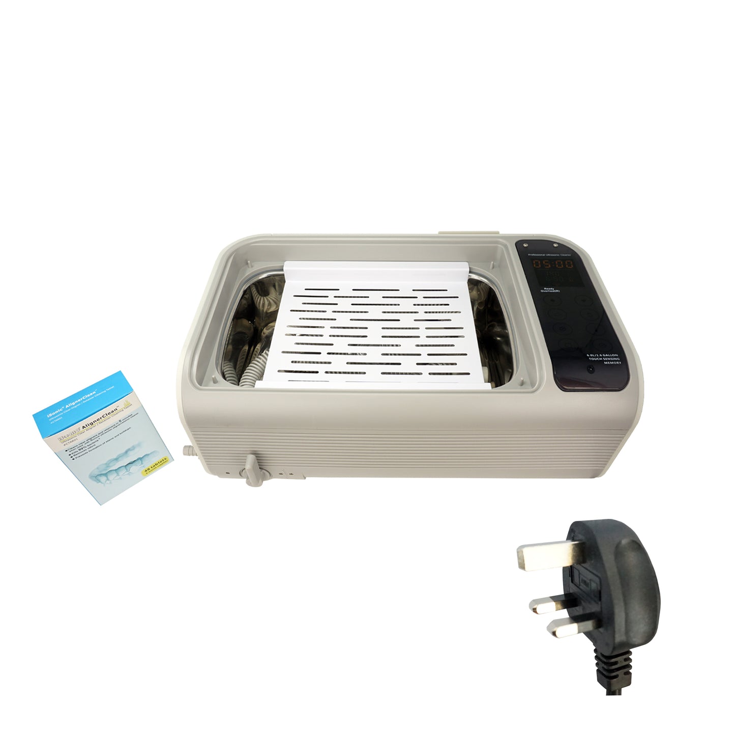 P4861-CPAP (large) | iSonic® Ultrasonic CPAP/BiPAP Cleaner, 1.6Gal/6L, with a stainless steel weight bracket, a box of cleaning tablet