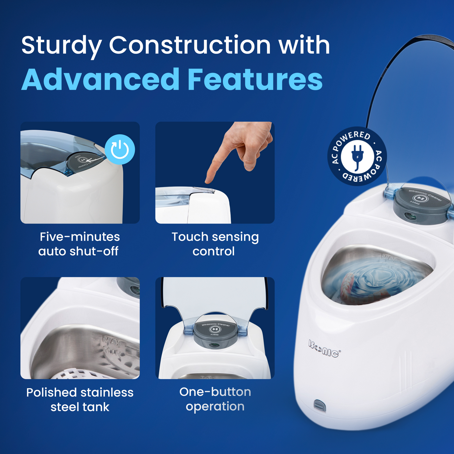 F3900 | iSonic® Ultrasonic Denture/Aligner/Retainer Cleaner, 110V 20W (tank is not removable, for portable unit, check DS180, DS180-B)