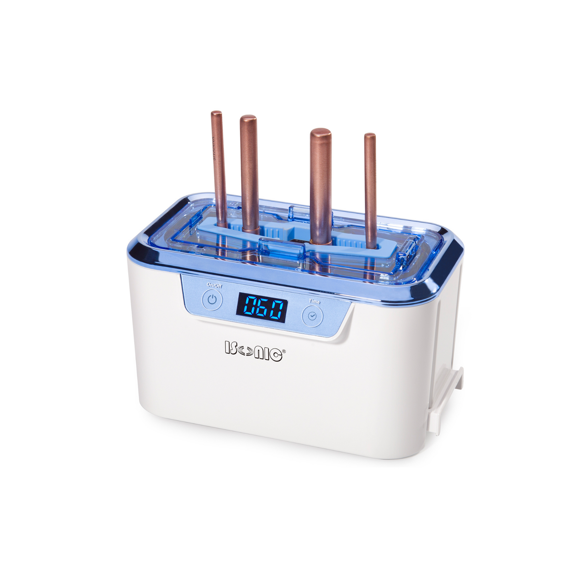 iSonic Inc. DS310C-WS | iSonic® Miniaturized Commercial Ultrasonic Cleaner, white and sapphire blue colors, for makeup brushes, jewelry, eyeglasses