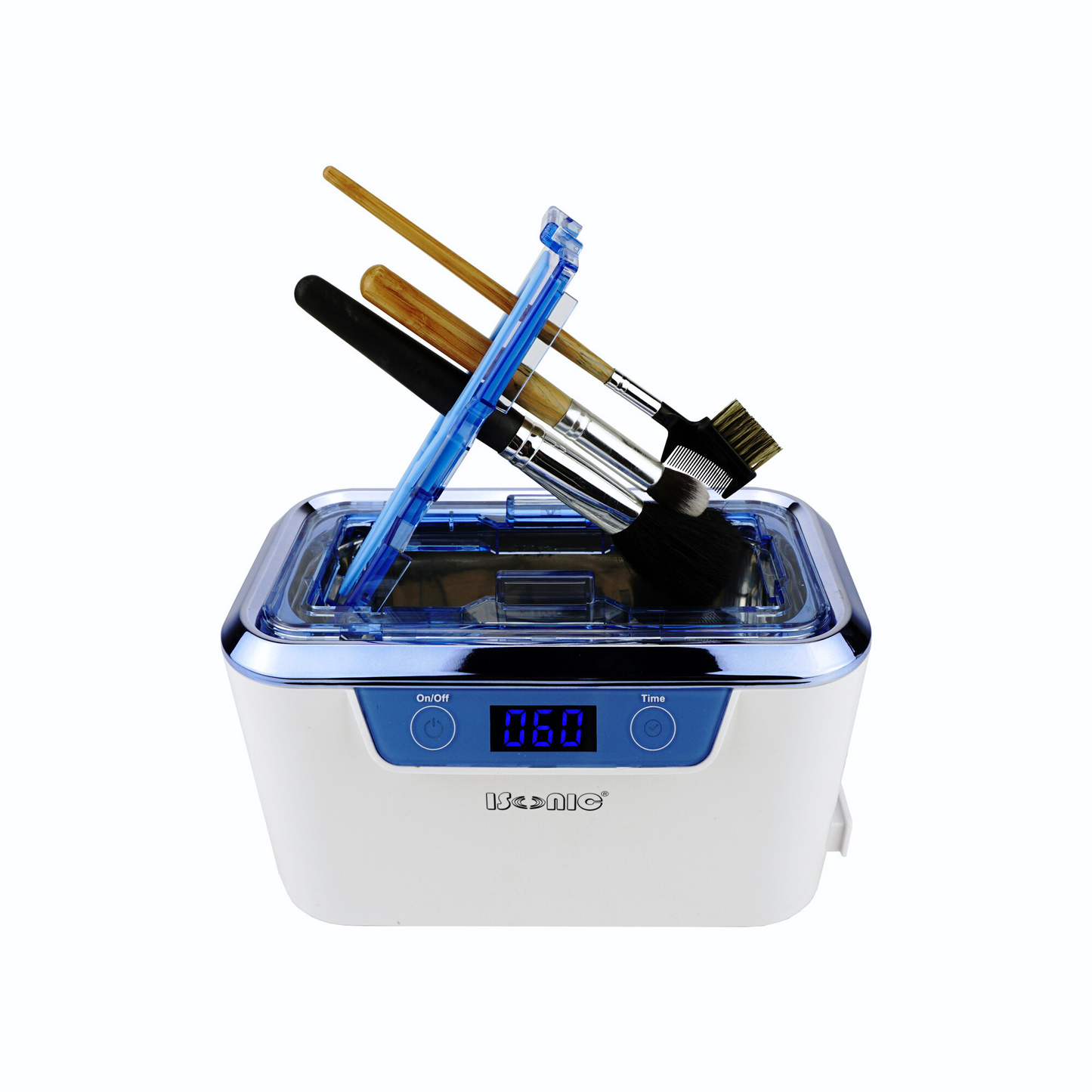 DS310C-WS | iSonic® Miniaturized Commercial Ultrasonic Cleaner, white and sapphire blue colors, for makeup brushes, jewelry, eyeglasses
