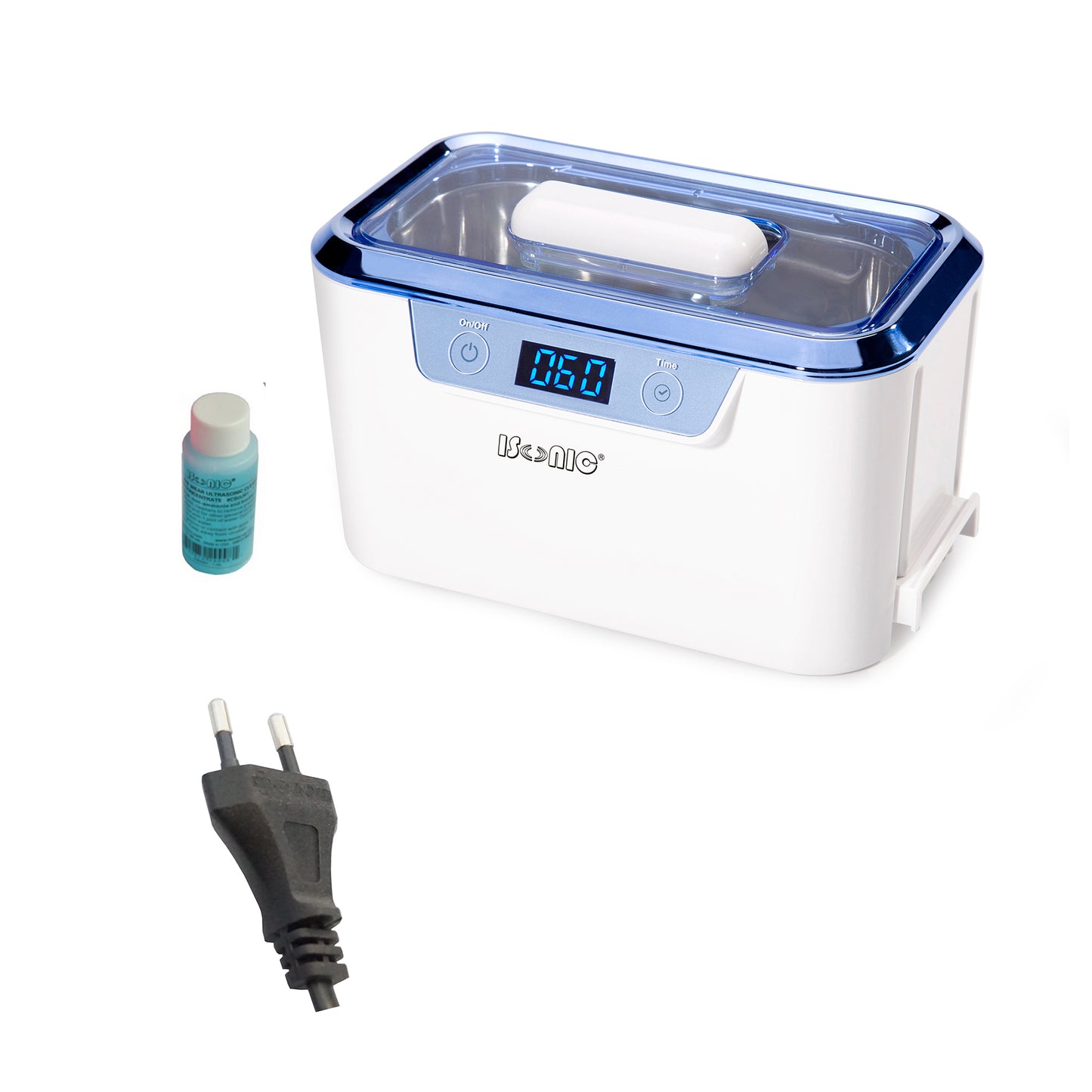 DS310B-WS | iSonic® Miniaturized Commercial Ultrasonic Cleaner, white and sapphire blue colors, for eyeglasses, ophthalmology instruments, jewelry