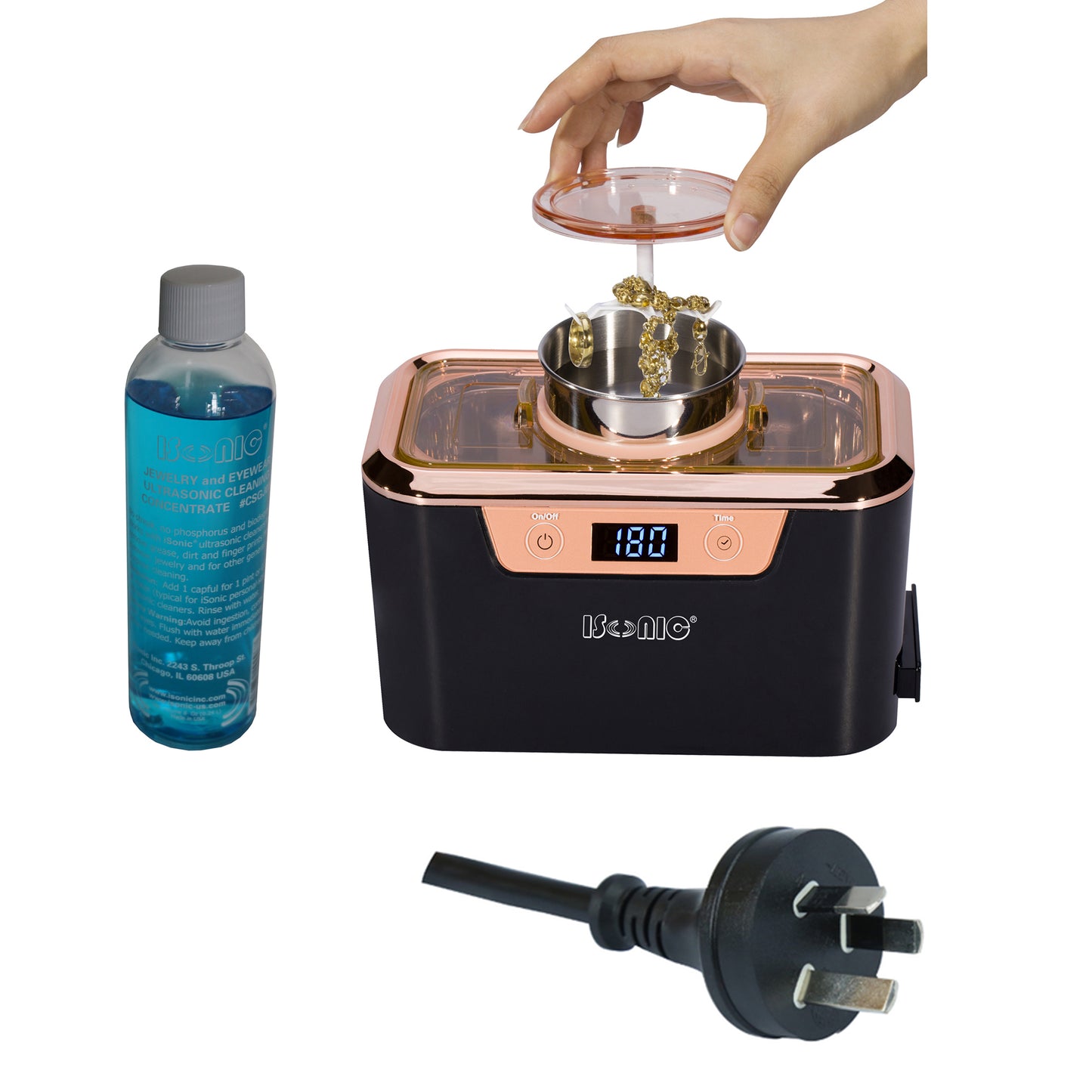 DS310-BR+CSGJ01 | iSonic® Miniaturized Commercial Ultrasonic Cleaner, with integrated ss. beaker plus Jewely/Eyewear Cleaning Solution Concentrate, Promotional Price!