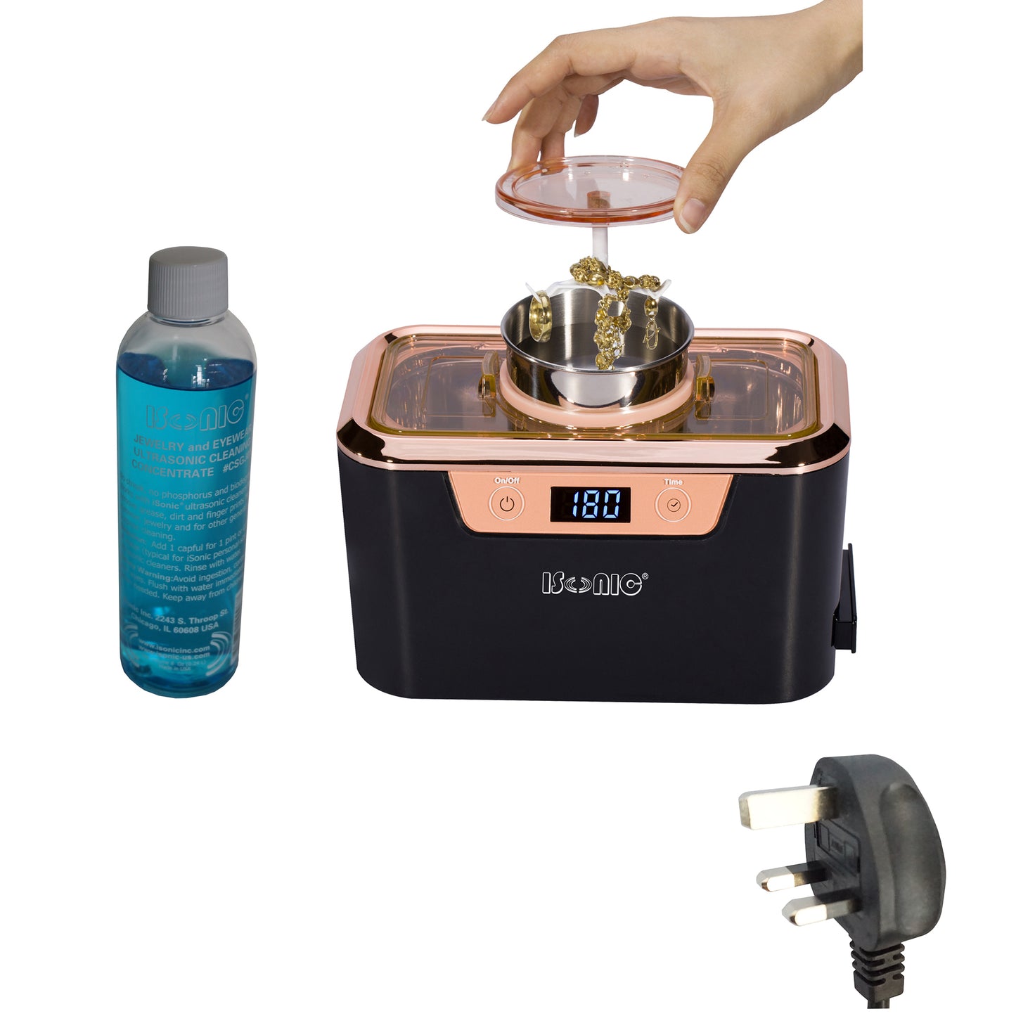 DS310-BR+CSGJ01 | iSonic® Miniaturized Commercial Ultrasonic Cleaner, with integrated ss. beaker plus Jewely/Eyewear Cleaning Solution Concentrate, Promotional Price!