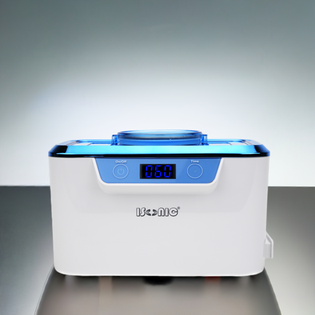 DS310B-WS | iSonic® Miniaturized Commercial Ultrasonic Cleaner, white and sapphire blue colors, for eyeglasses, ophthalmology instruments, jewelry