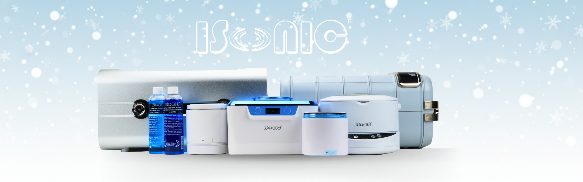 iSonic products on a light blue background with snowflake decorations