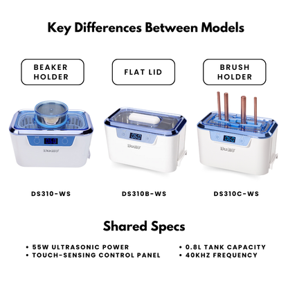 DS310C-WS | iSonic® Miniaturized Commercial Ultrasonic Cleaner, white and sapphire blue colors, for makeup brushes, jewelry, eyeglasses