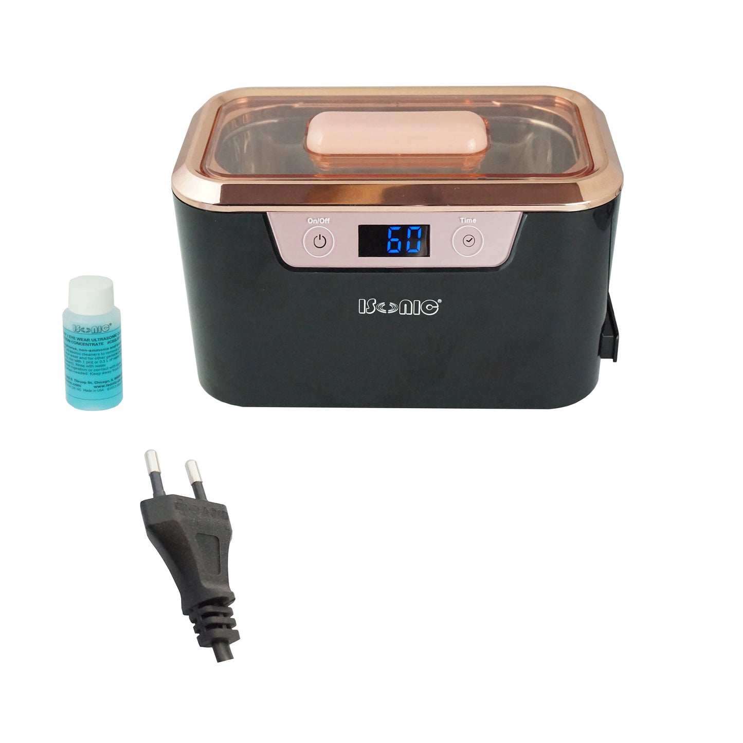 DS310B-BR | iSonic® Miniaturized Commercial Ultrasonic Cleaner, black and rose gold colors, with a flat lid