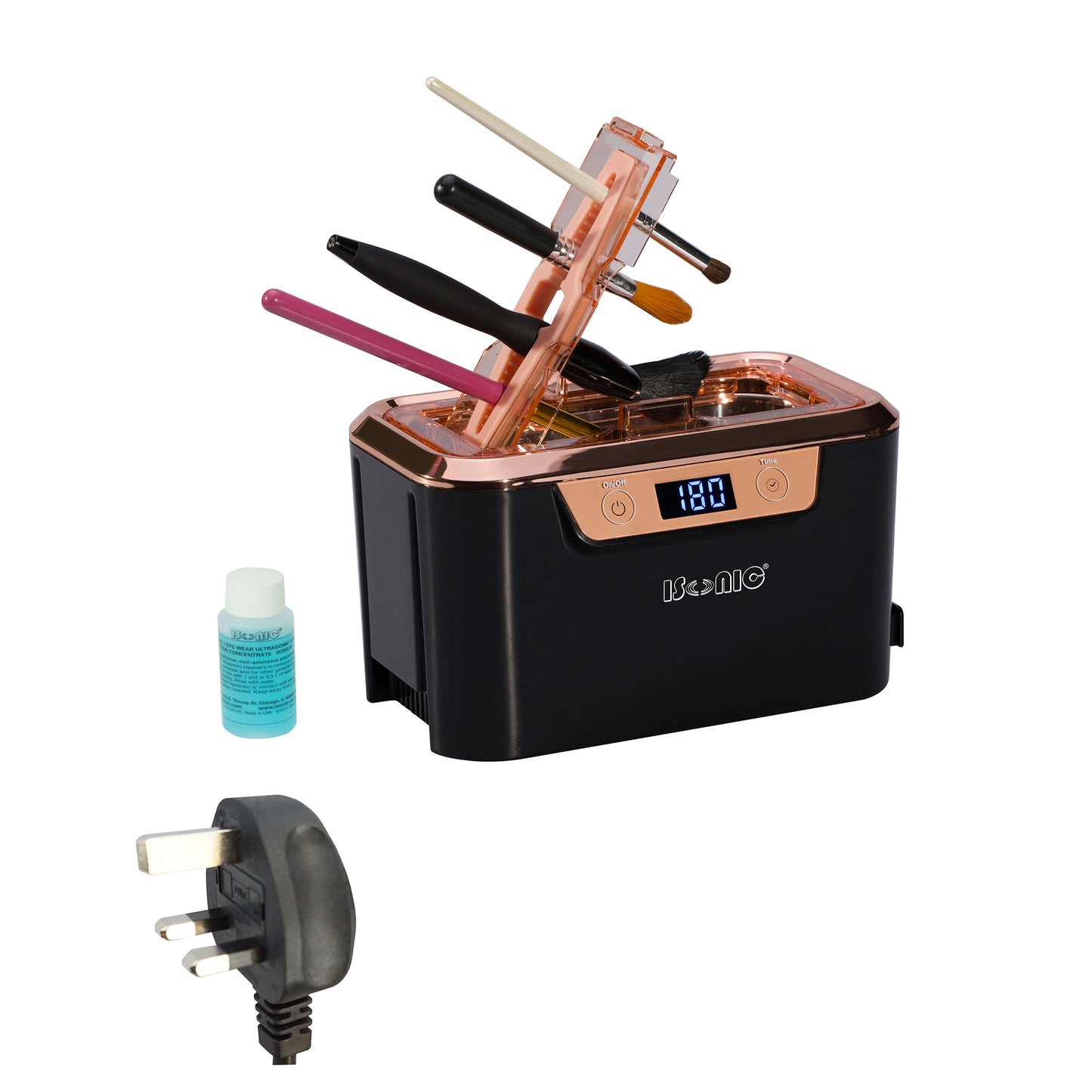 DS310C-BR | iSonic® Miniaturized Commercial Ultrasonic Cleaner with a makeup brush holder, black and rose gold colors
